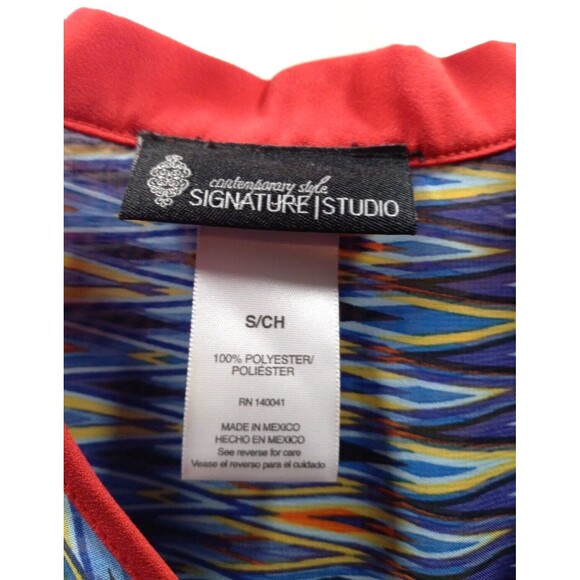 Signature Studio Small Patterned Sheer Multicolor 3/4 Sleeve Tunic Mock V Neck - Picture 2 of 7